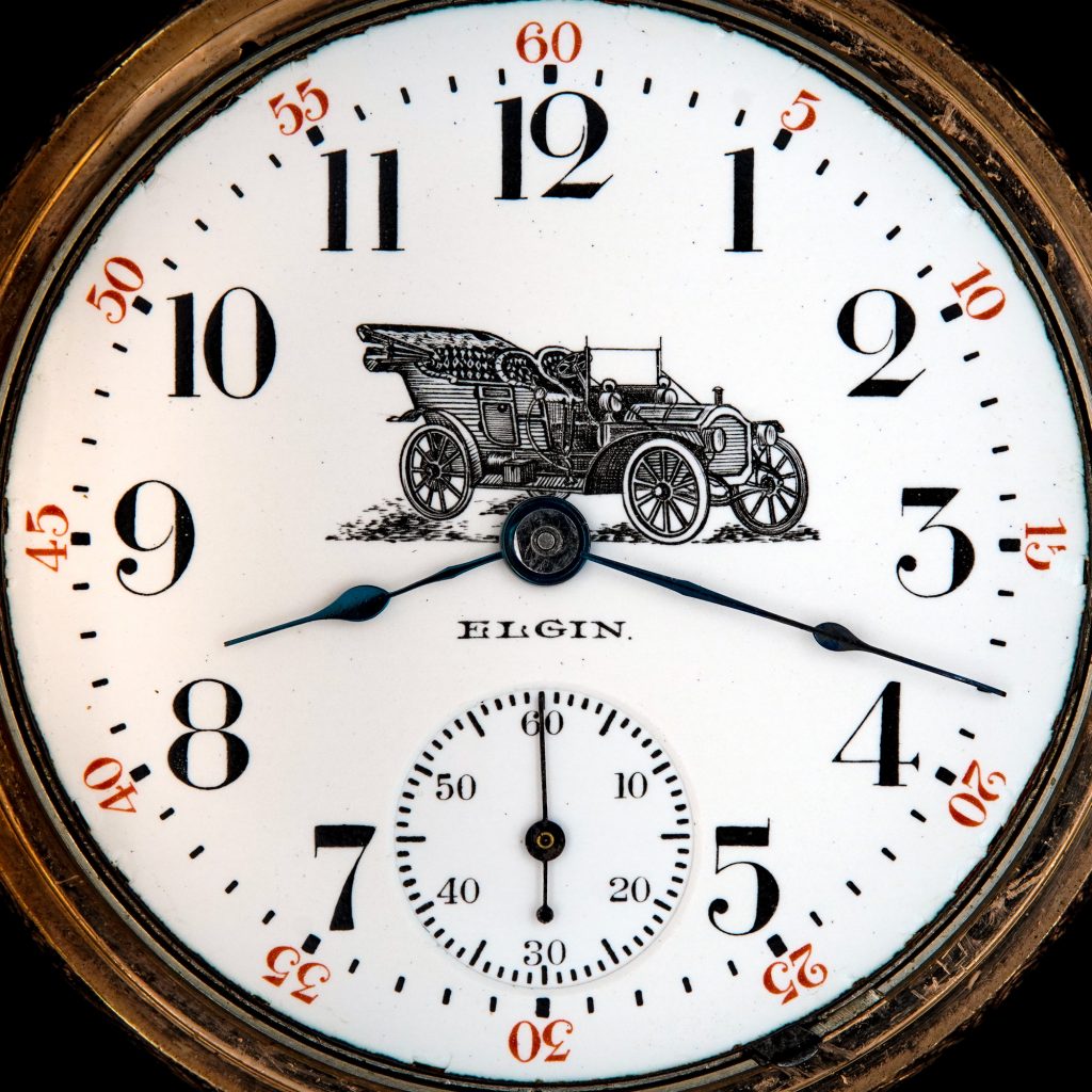 Enamel Watch Dial Featuring 1909 Packard Model 18 Touring Car, Fitted on an Elgin 18-Size Grade 207