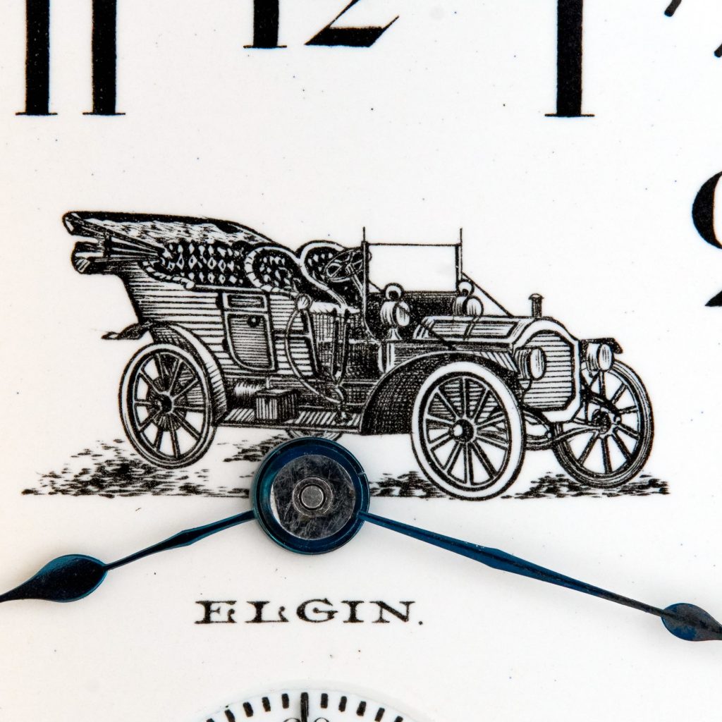 Detailed View, Enamel Watch Dial Featuring 1909 Packard Model 18 Touring Car, Fitted on an Elgin 18-Size Grade 207