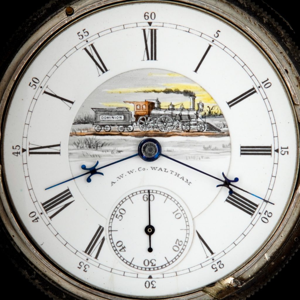 Hand-Colored “Dominion” Locomotive Dial, Winter Scene, Fitted on a Waltham 18-Size Crescent St. Movement.