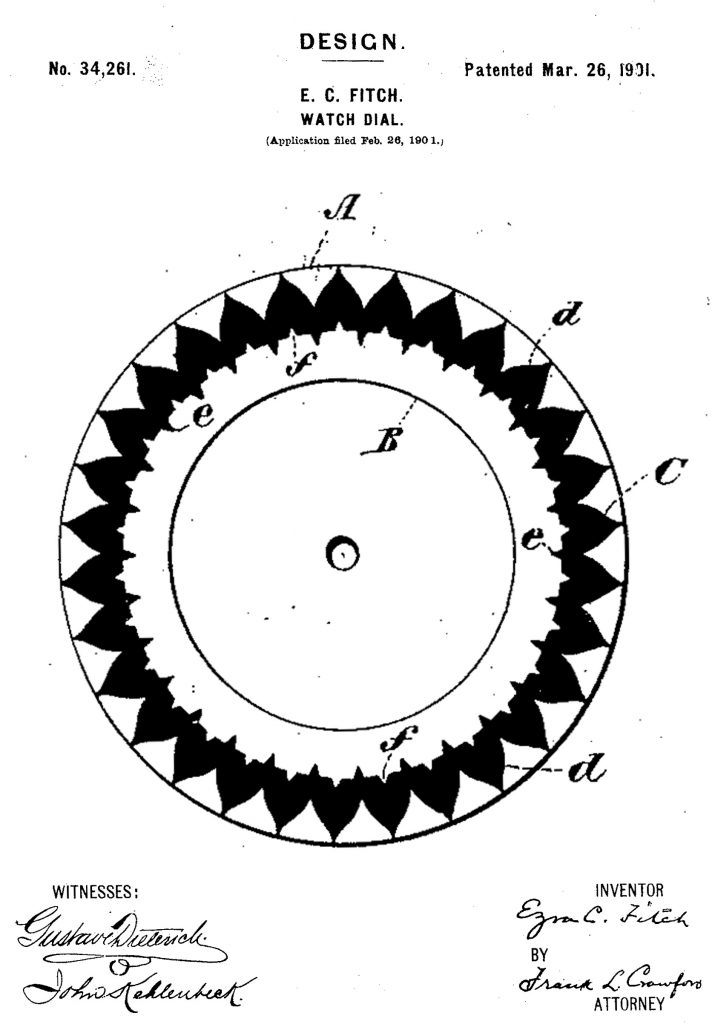 U.S. Patent #34,261, Issued to Ezra C. Fitch for his dial design, March 26, 1901