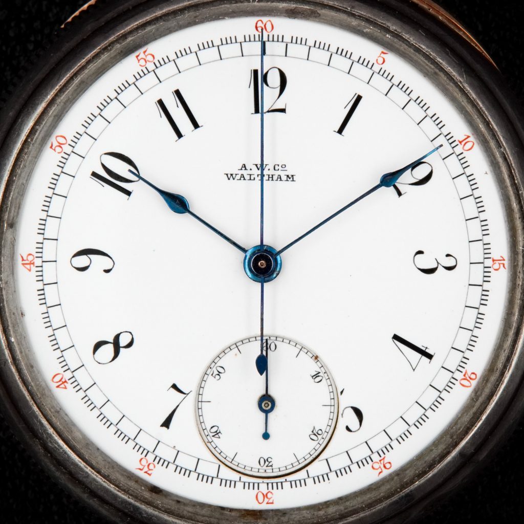 Hand-Painted Chronograph Dial with Red Marginal Five-Minute Figures, Fitted on a Waltham 14-Size Riverside Chronograph, c.1882.