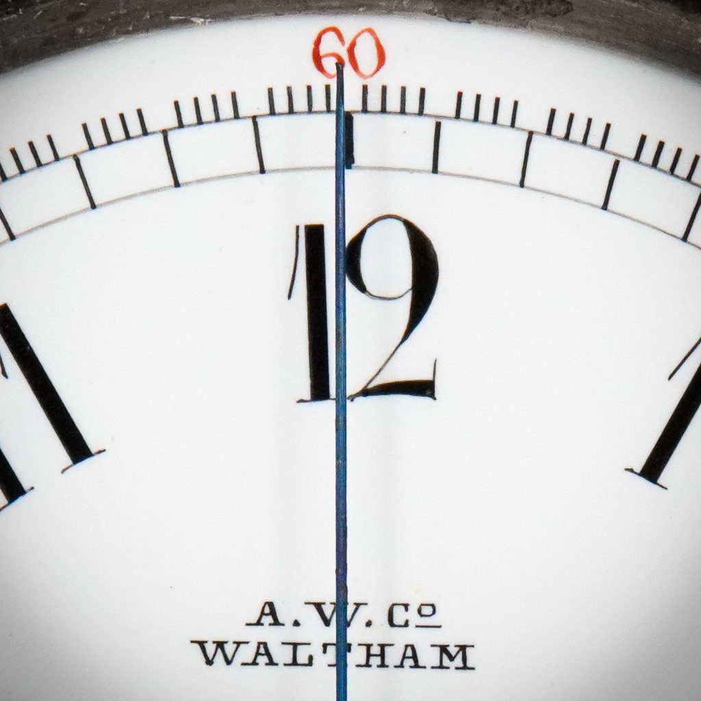 Closeup Detail of Hand-Painted Chronograph Dial with Red Marginal Five-Minute Figures, Fitted on a Waltham 14-Size Riverside Chronograph, c.1882.