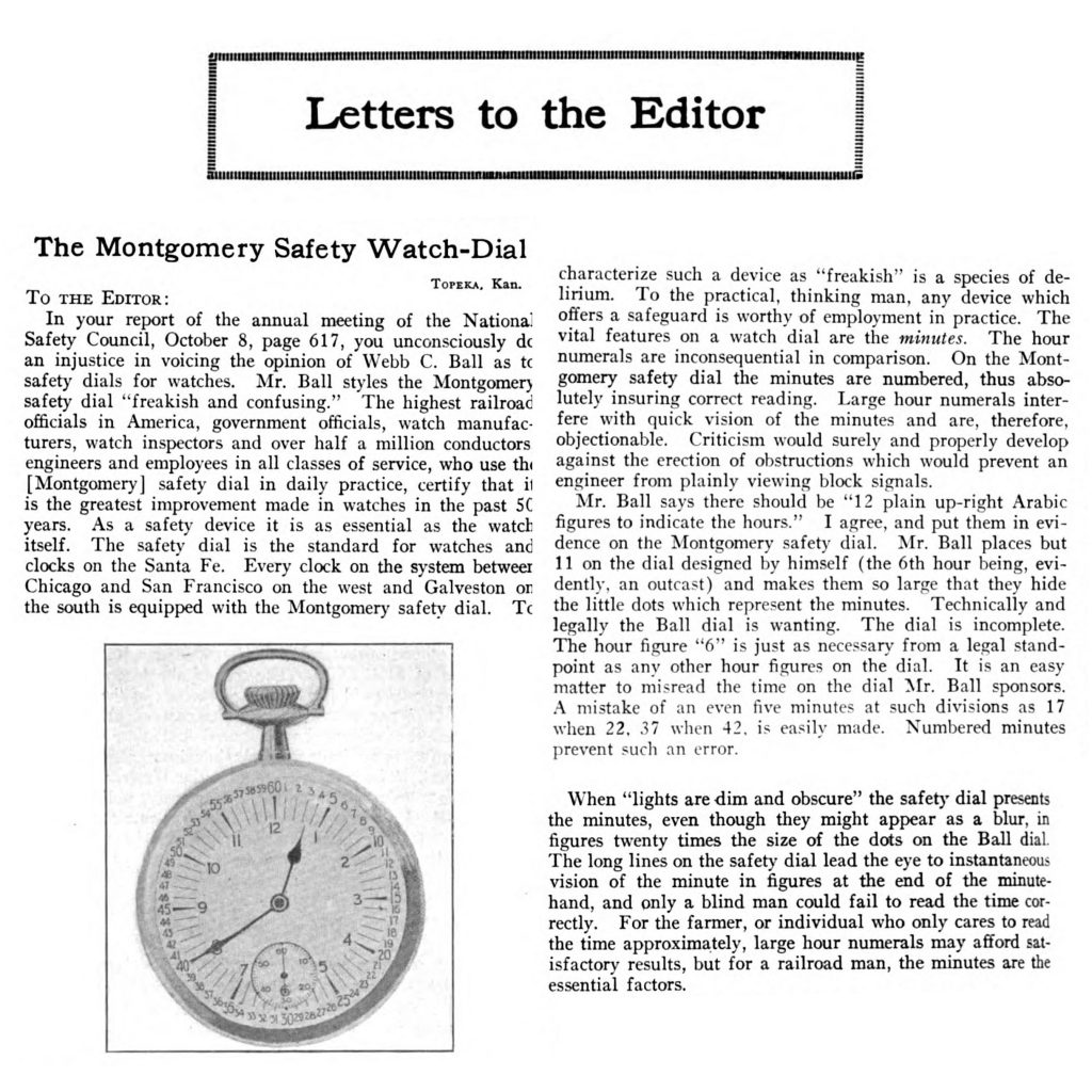 Henry S. Montgomery’s Letter of Defense Including an Image of the “Type II” Montgomery Safety Dial, Published in the November 5, 1920 Issue of Railway Age.