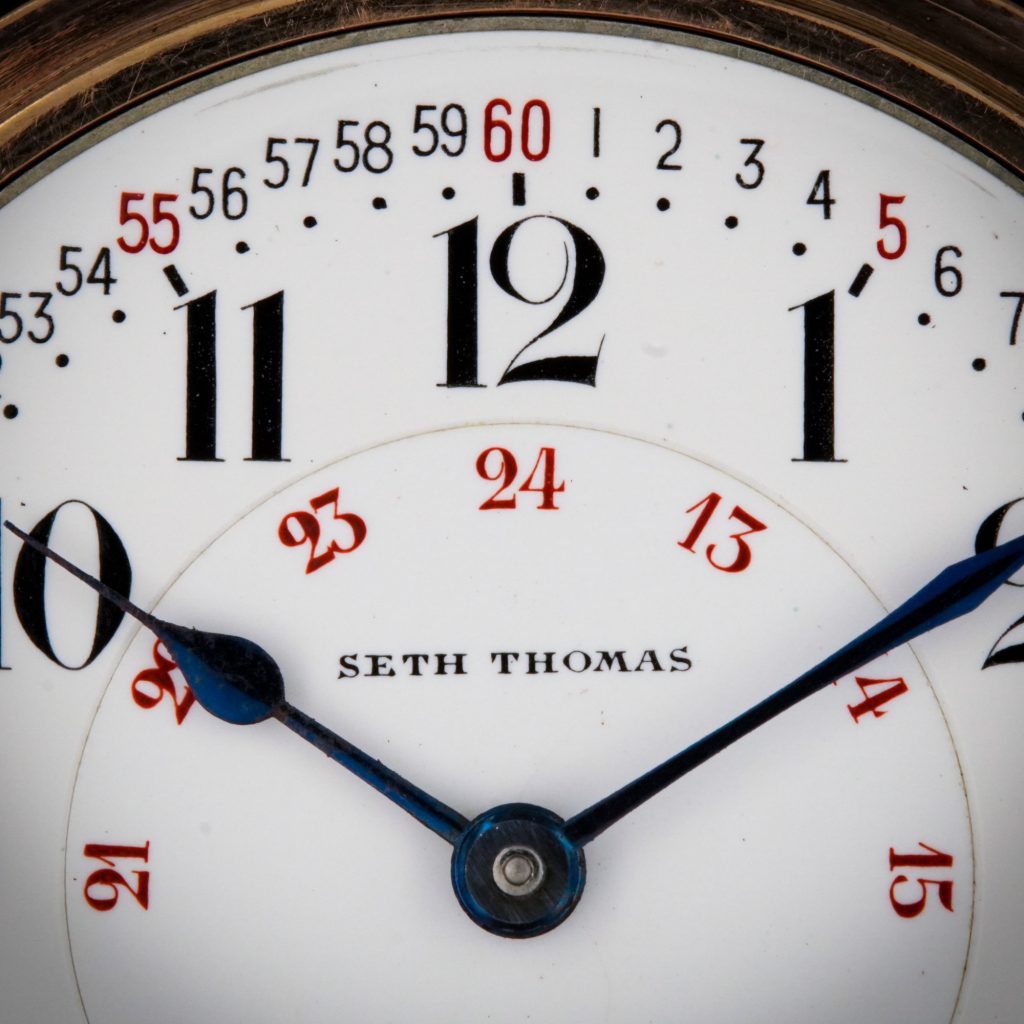 Closeup of Seth Thomas “Montgomery Dial” with Continuous Marginal Minute Figures, Fitted on an 18-Size “Railway” Movement