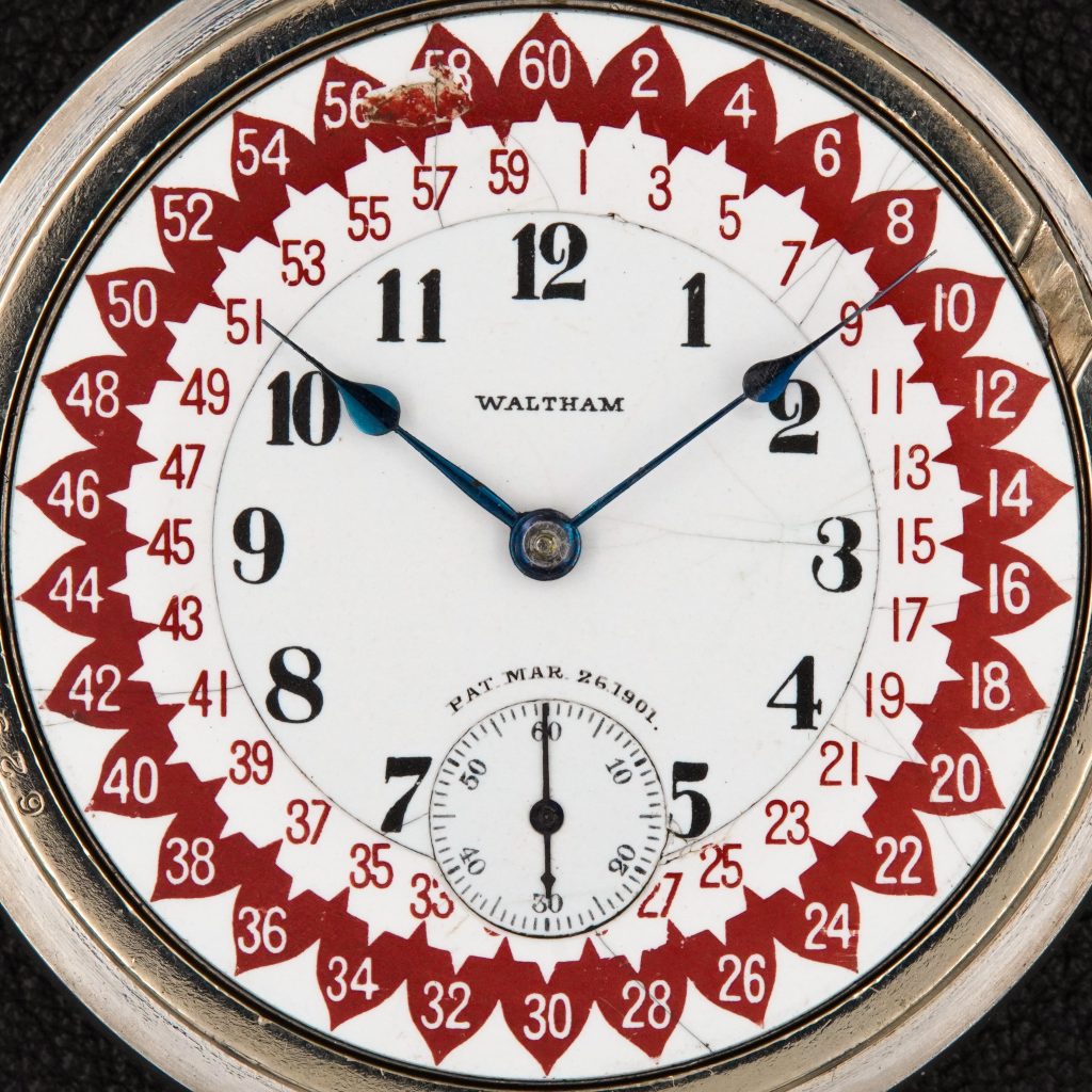 Ezra C. Fitch’s Red “Annular Acorn” Dial with Staggered Marginal Minutes,, c.1901.