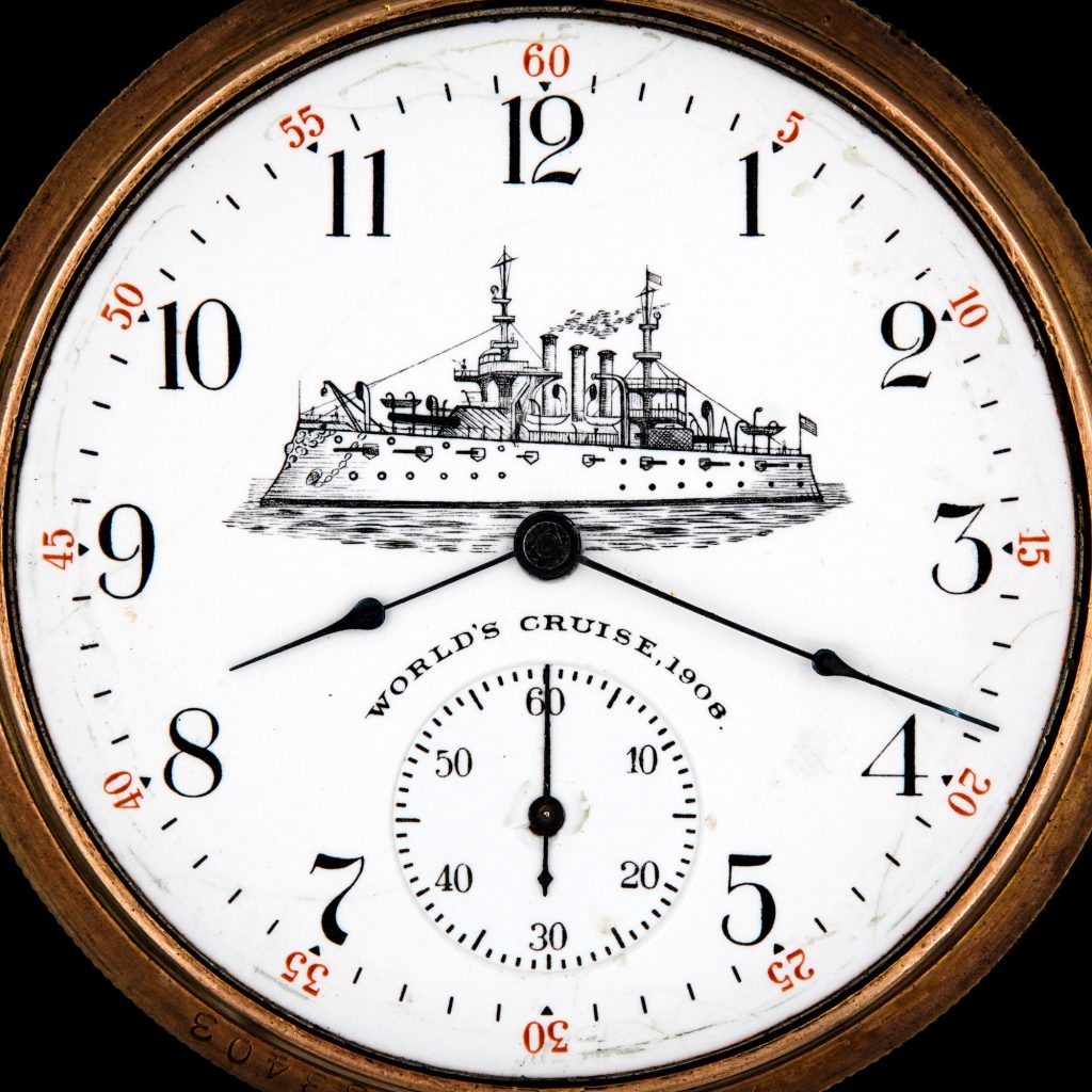 c.1909 Watch Dial Commemorating The 1908 World’s Cruise, Depicting the USS Connecticut Battleship, Fitted on an Elgin Grade 291 Movement.