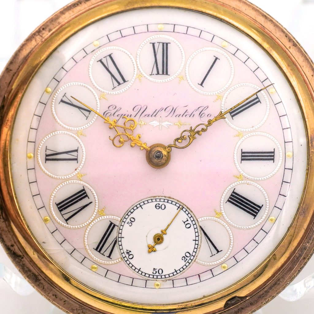 Elgin Pink Enameled Fancy Dial with Silver and Gold Embellishments, c.1890s.