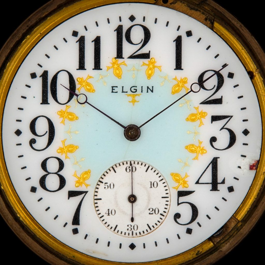 Pictured: Elgin Colored Enamel Dial with Gold Embellishments, c.1880s.