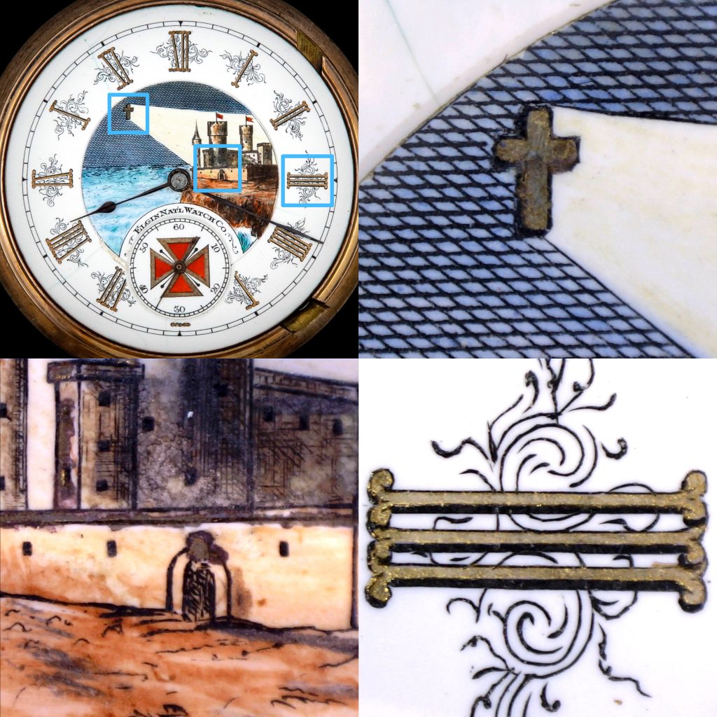 Closeup Details of Elgin National Watch Company “Masonic, Knights Templar” Society Dial No. 1117, c.1890s.