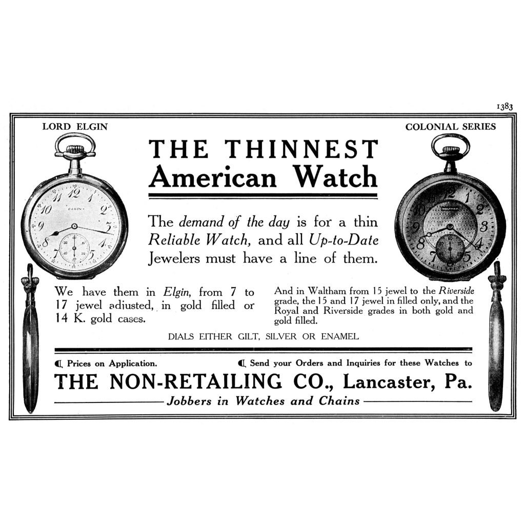 “The Thinnest American Watch” Advertisement by The Non-Retailing Company, Published in the September 1908 Issue of The Keystone