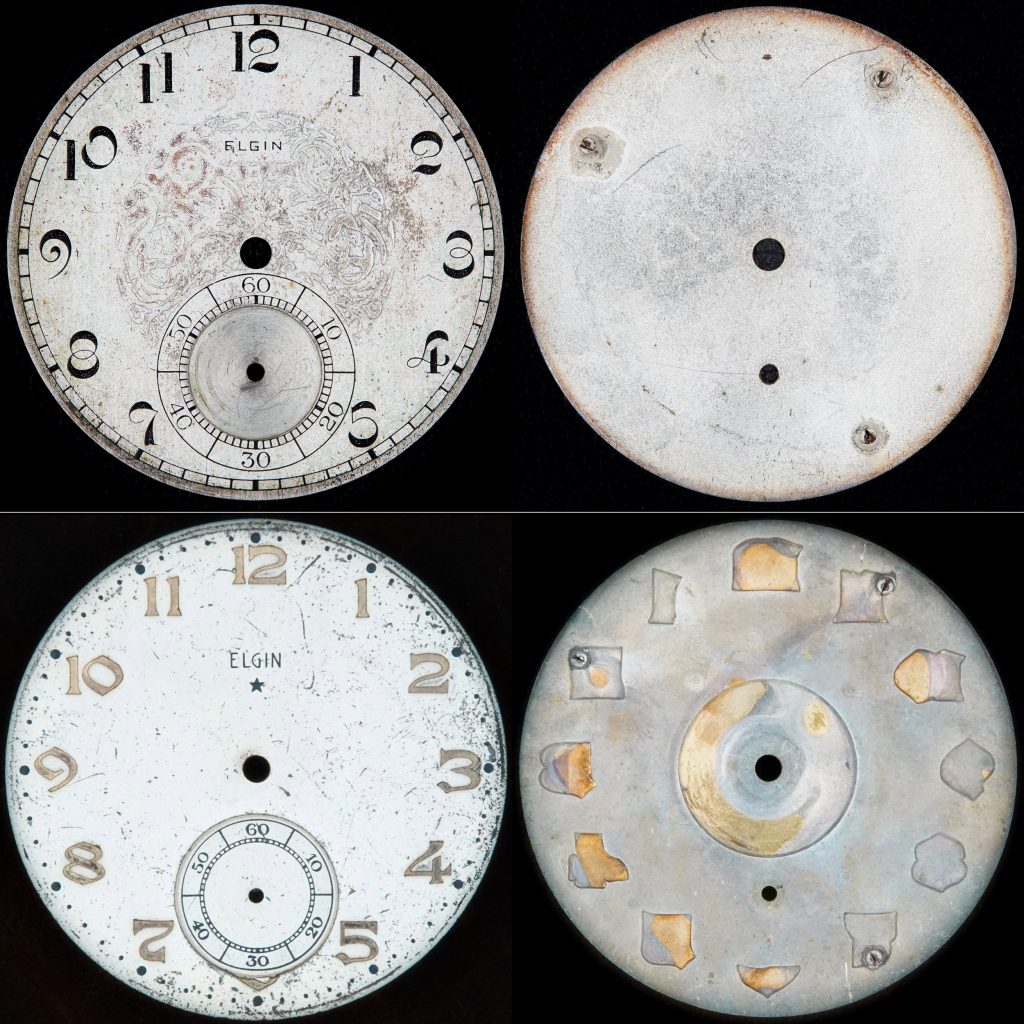 Elgin National Watch Company Metal Dials, c.1925 (top) and c.1937 (bottom)