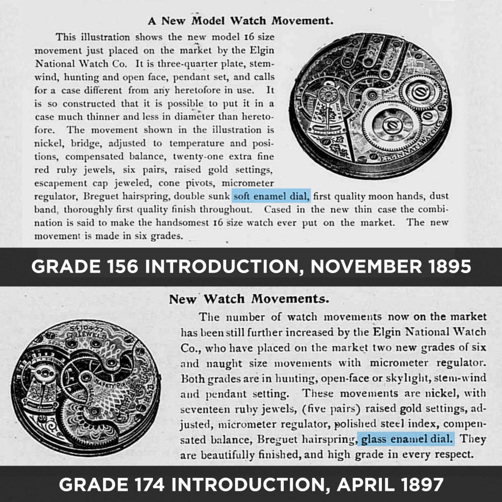 Introduction of Grade 156 (Soft Enamel Dial), The Keystone, November 1895 vs. Introduction of Grade 174 (Glass Enamel Dial), The Keystone, April 1897