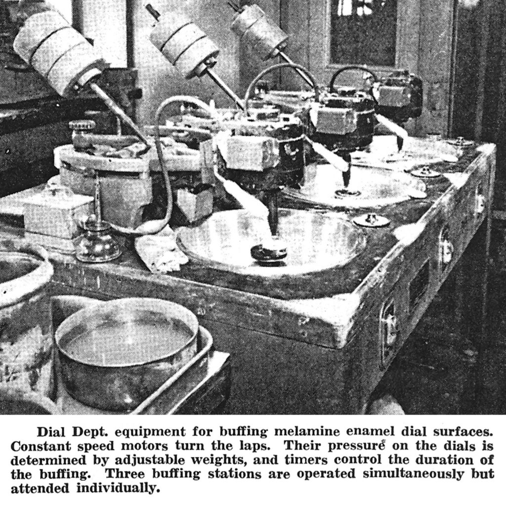 Melamine Dial Buffing Machines at the Hamilton Watch Company Factory, Excerpt from “Research Provides New Materials For R.R. Type Dials,” Timely Topics, July 1953.