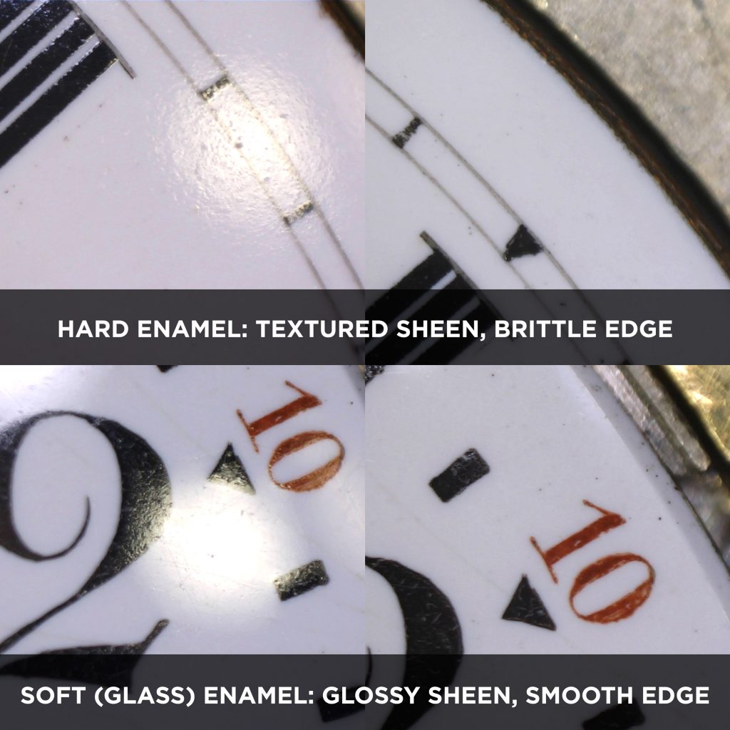 Magnified Images Comparing Surface and Edge Details of Hard Enamel Dial vs. Soft Glass Enamel Dial