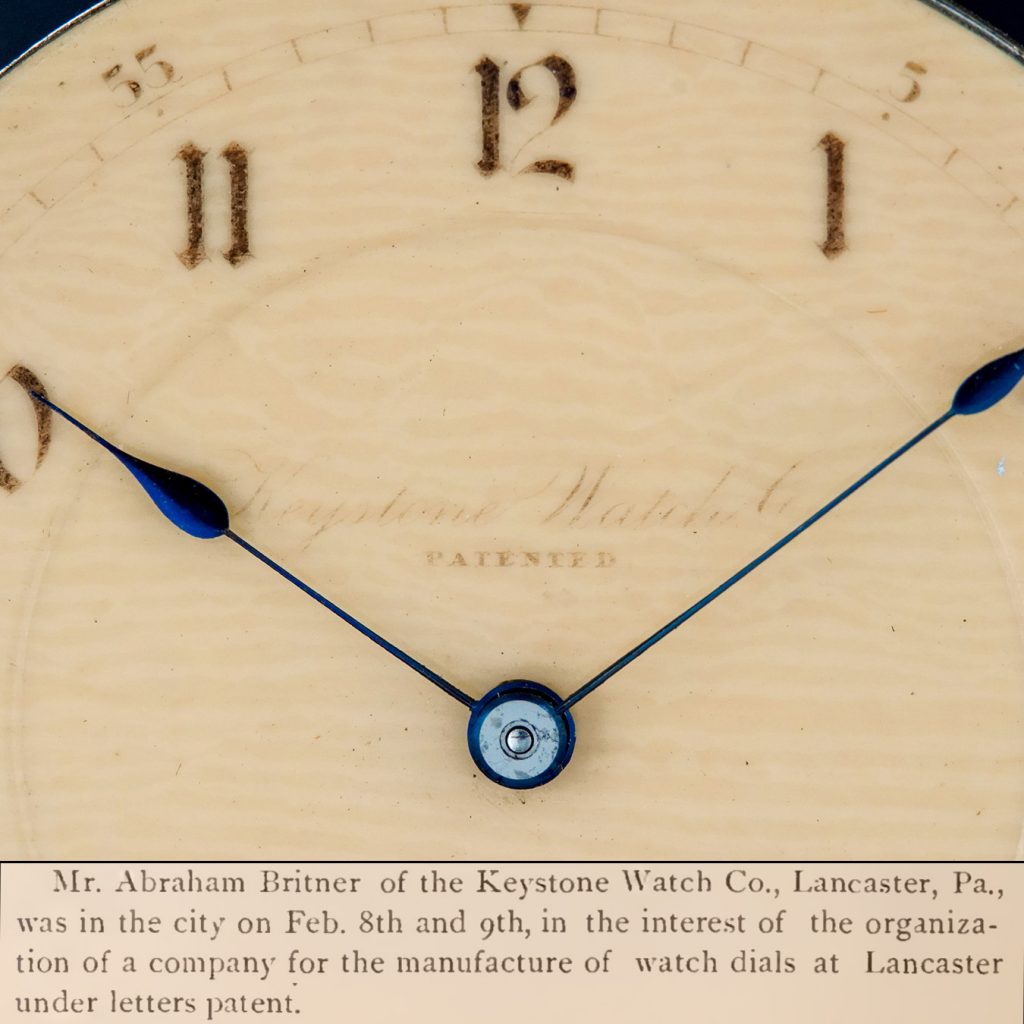 Patent Celluloid Watch Dial from the Keystone Watch Company with excerpt from the March 1888 issue of The Jewelers’ Circular and Horological Review.