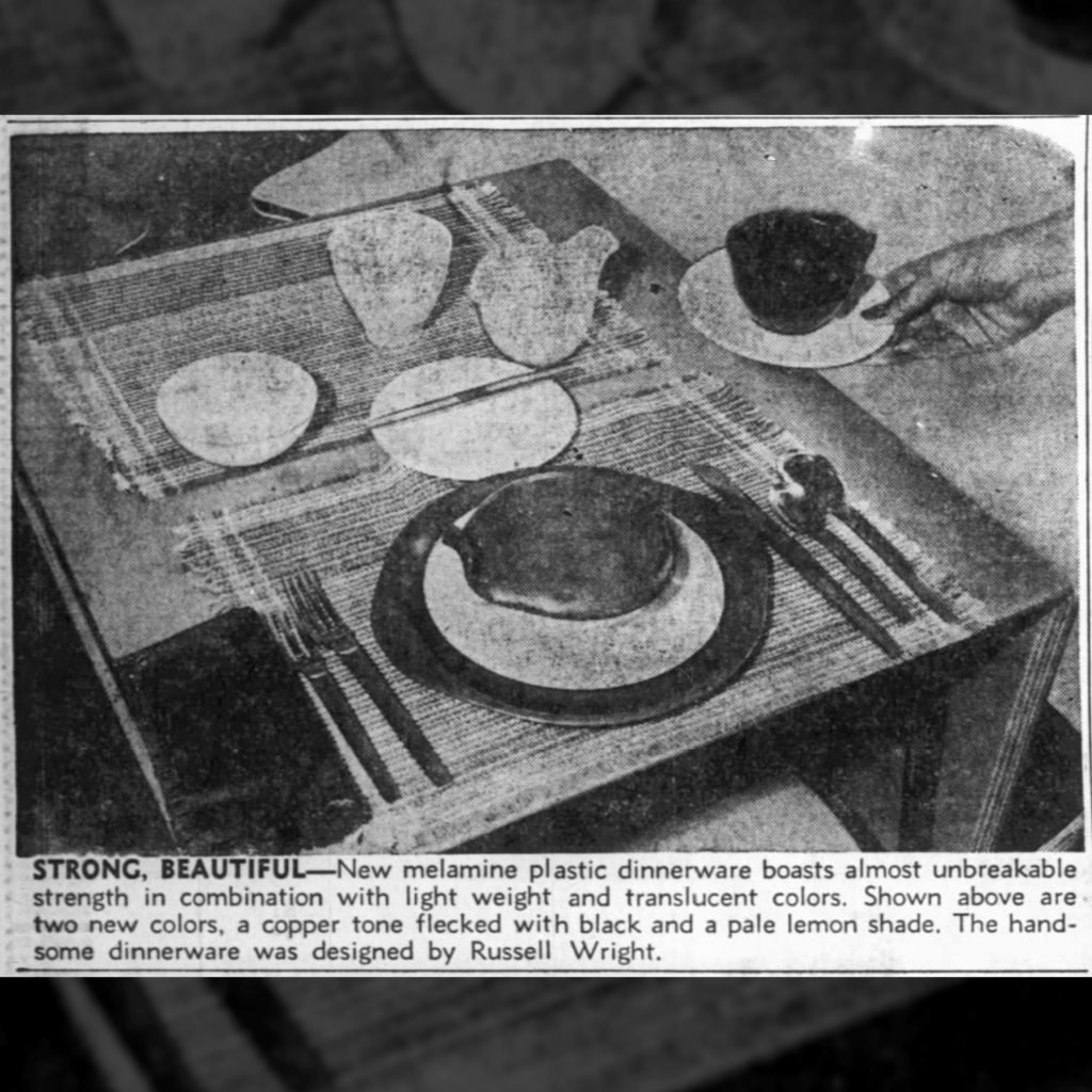 Newspaper Excerpt Featuring Melamine Dinnerware, The Evening Eagle (Wichita, Kansas), November 11, 1953.