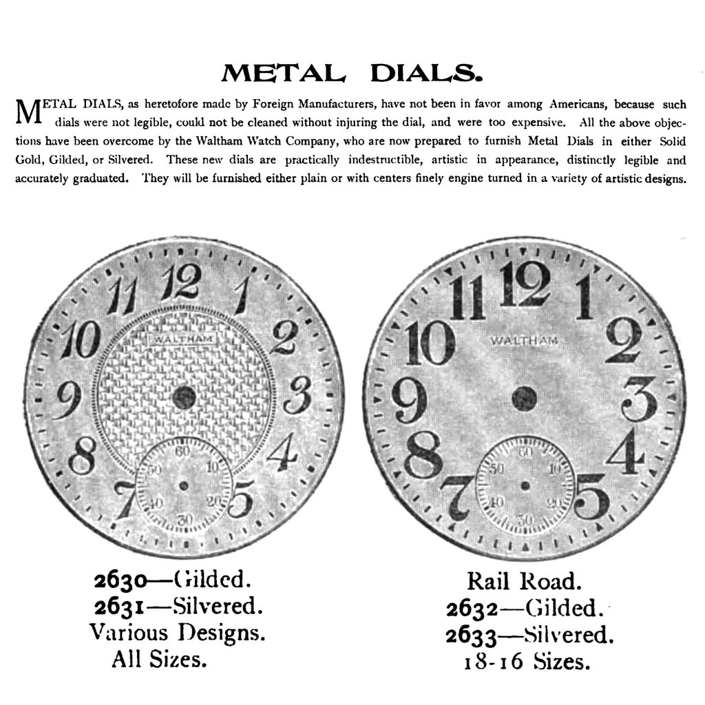 Excerpt from the 1909 Waltham Material Catalog Highlighting Metal Dial Options