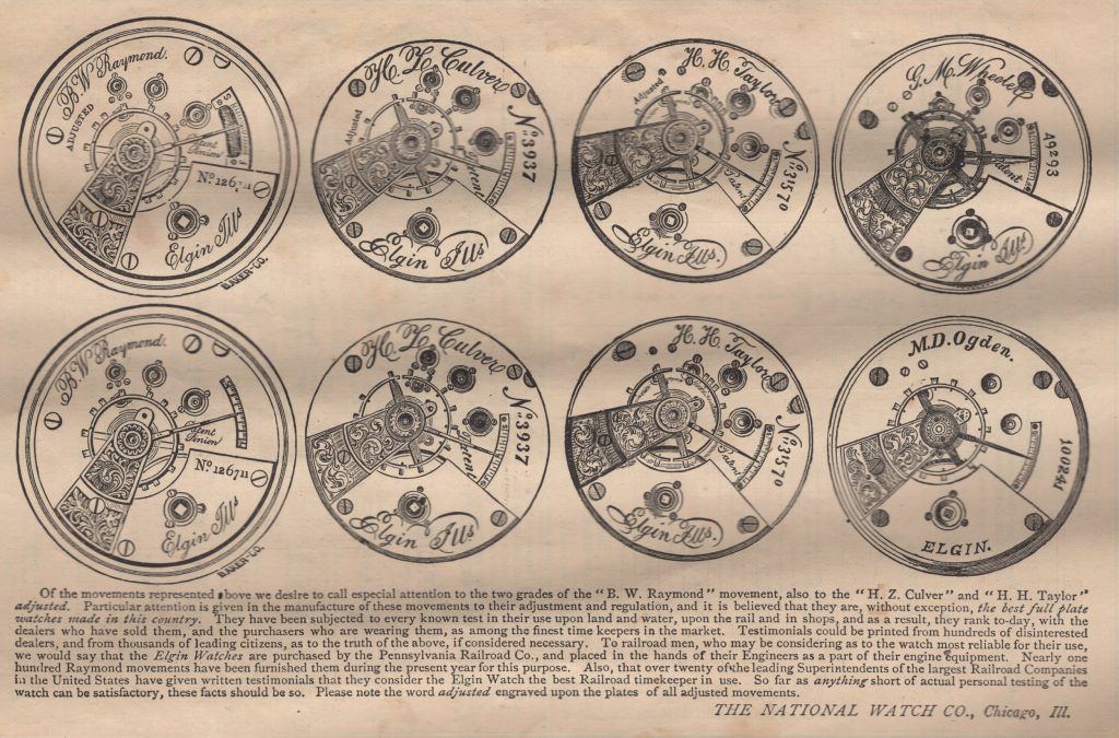 Movements Cuts from the 1873 Elgin Almanac Advertising the B.W. Raymond Movement