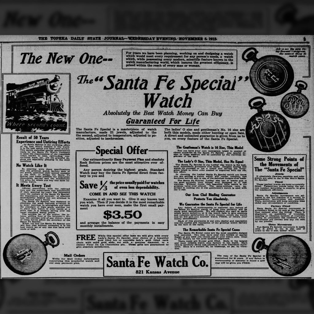 First Sales Advertisement for the Santa Fe Special Watch published in The Topeka State Journal, November 5, 1913.