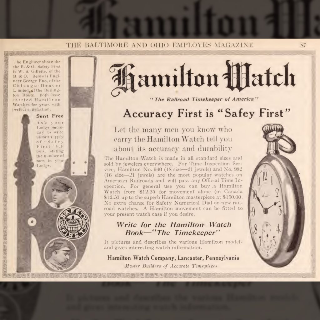 “Accuracy First is Safety First” Advertisement Featuring the No. 106/436 Style Dial, Baltimore and Ohio Employees Magazine, November 1914.