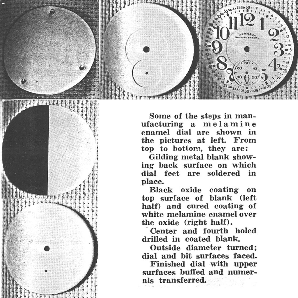 Melamine Dials Throughout Production, Excerpt from “Research Provides New Materials For R.R. Type Dials,” Timely Topics, July 1953.