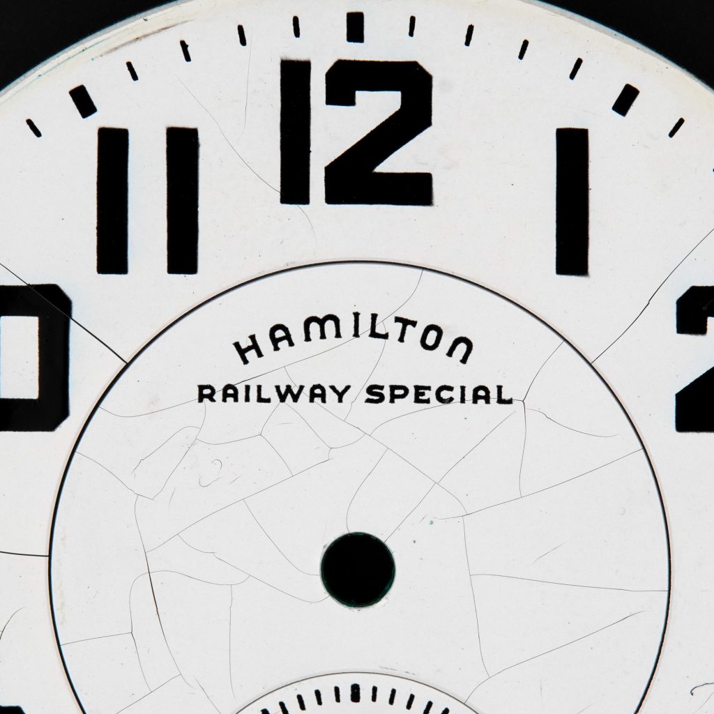 Closeup of Hamilton Watch Company Melamine Dial Showing Cracks, c.1952.