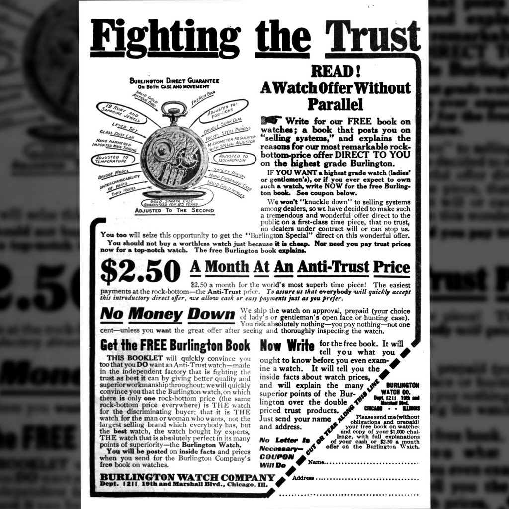 “Fighting the Trust” Burlington Special Watch Advertisement, Railway Carmen’s Journal, January 1910