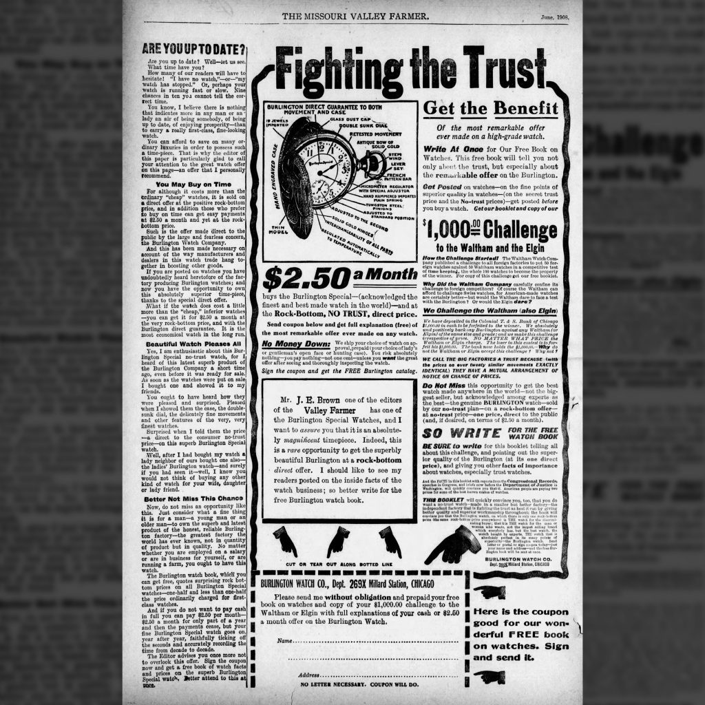 “Fighting the Trust” Burlington Special Watch Advertisement, Missouri Valley Farmer (Topeka, Kansas), June 1908