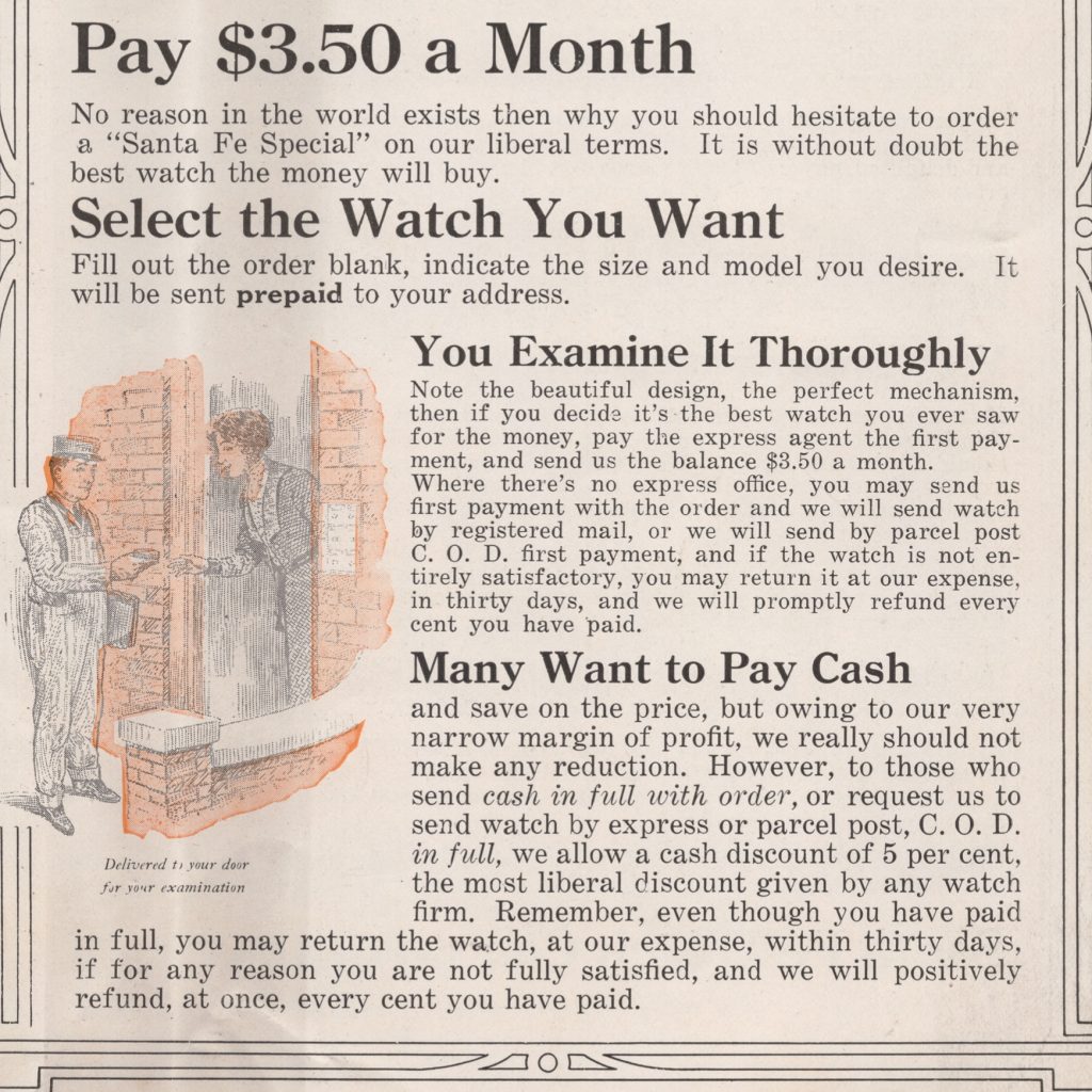 “Many Want To Pay Cash” Excerpt, c.1920 Santa Fe Watch Company Catalog