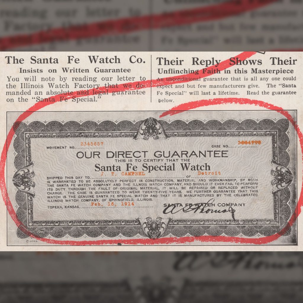 Santa Fe Special Watch Guarantee Certificate Excerpt, c.1920 Santa Fe Watch Company Catalog