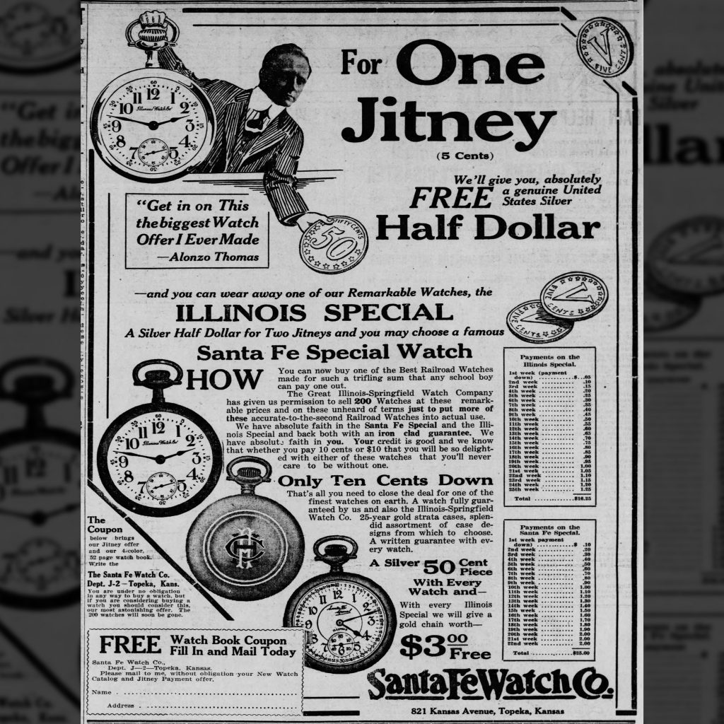 Pictured: Advertisement for the Santa Fe Special and Illinois Special Watches published in The Topeka State Journal, May 7, 1915.