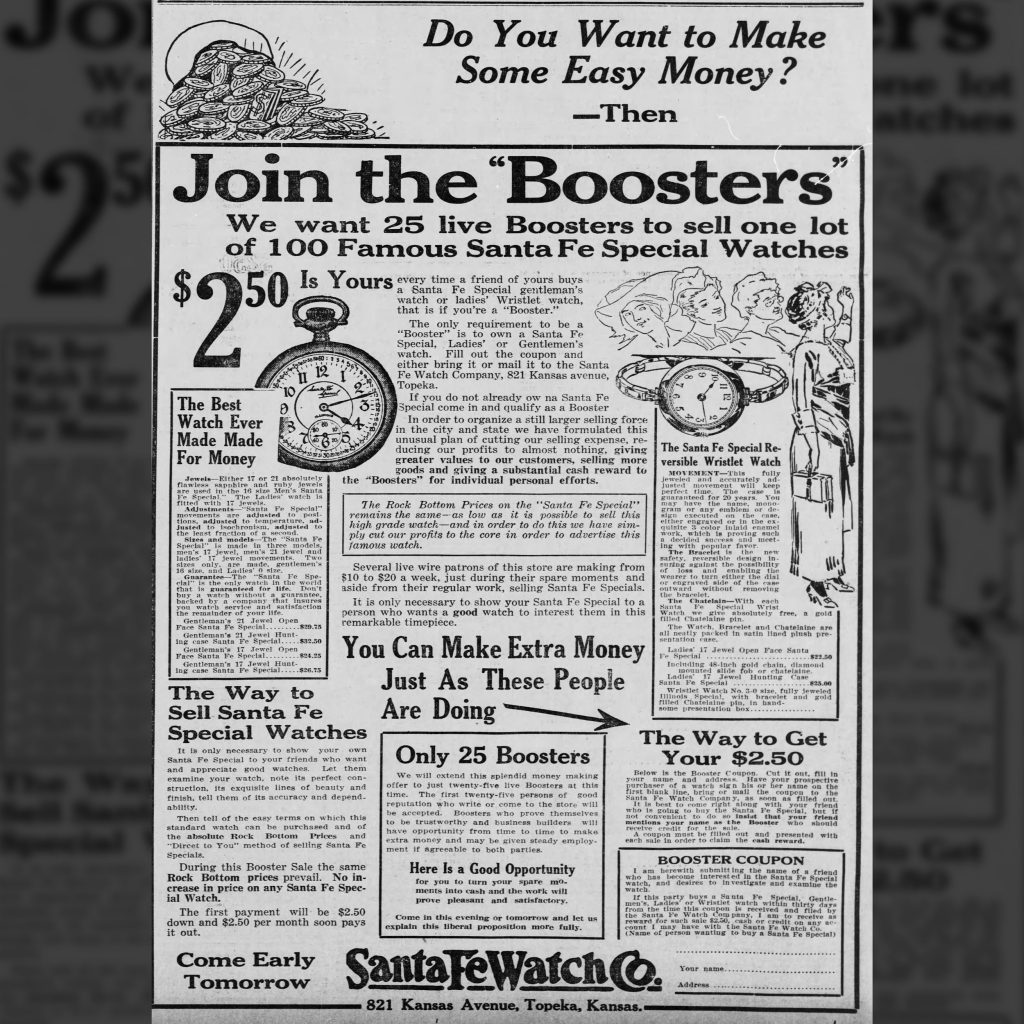 “Join the Boosters” Santa Fe Watch Company Advertisement, The Topeka State Journal, July 2, 1915.