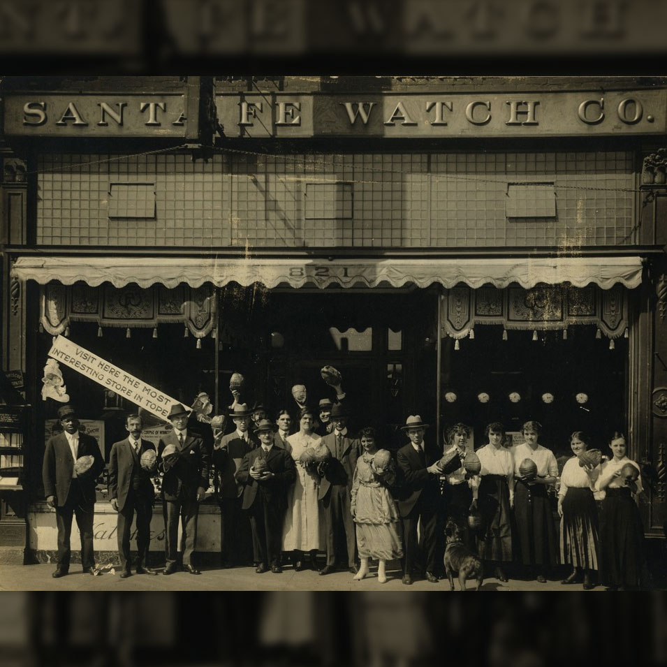 Pictured: The Santa Fe Watch Company Storefront at 821 Kansas Avenue in Topeka, Kansas [Courtesy of Kansas Memory]