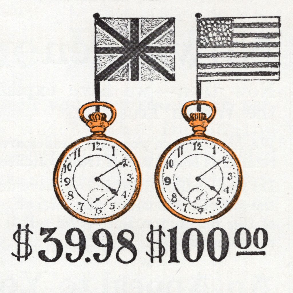 “Cheaper to Re-Import Watches,” Burlington Watch Company Catalog, c.1911.