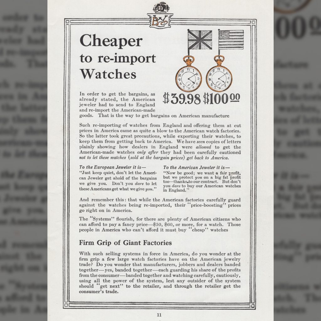 “Cheaper to Re-Import Watches,” Burlington Watch Company Catalog, c.1911.