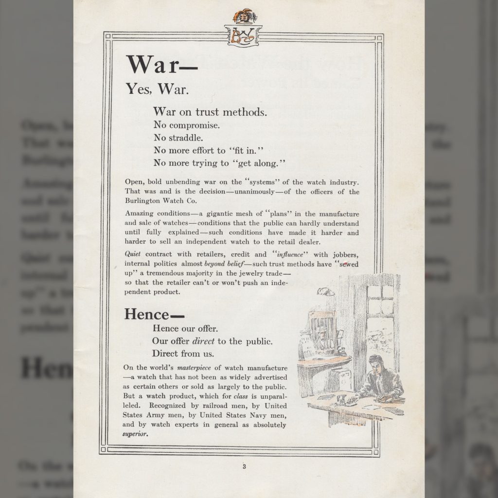 “War On Trust Methods,” Burlington Watch Company Catalog, c.1911.