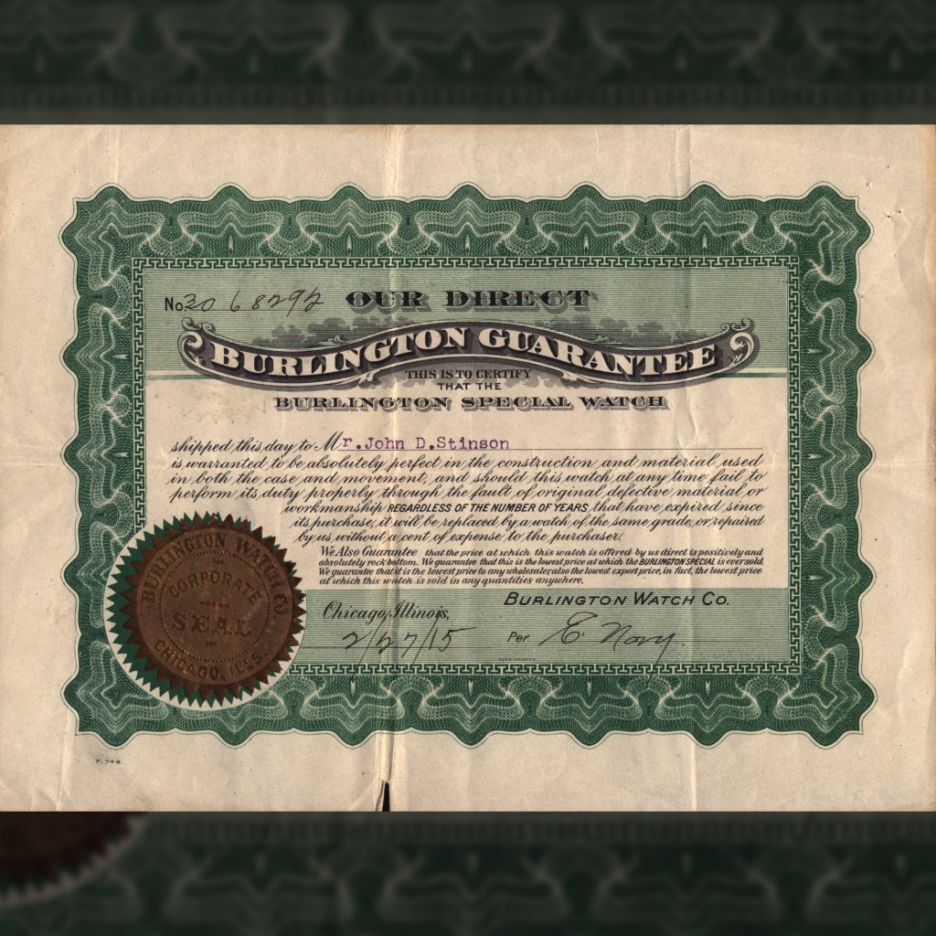 “Burlington Guarantee” Certificate for Burlington Special Watch, 1915.