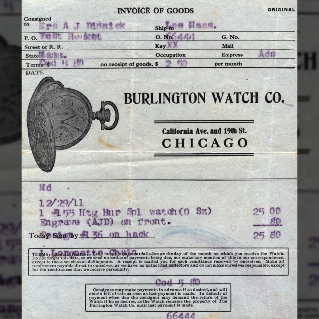“Invoice of Goods” Insert Enclosed within c.1911 Burlington Special Watch Delivery.