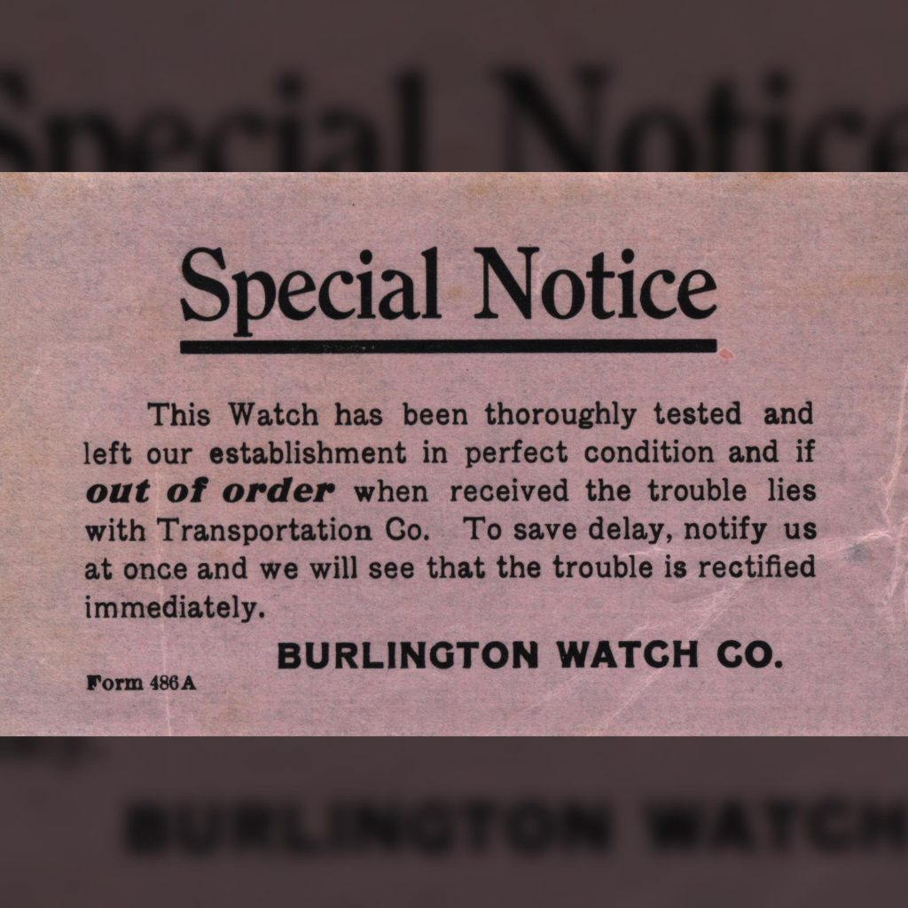 “Special Notice” Insert Enclosed within c.1911 Burlington Special Watch Delivery.