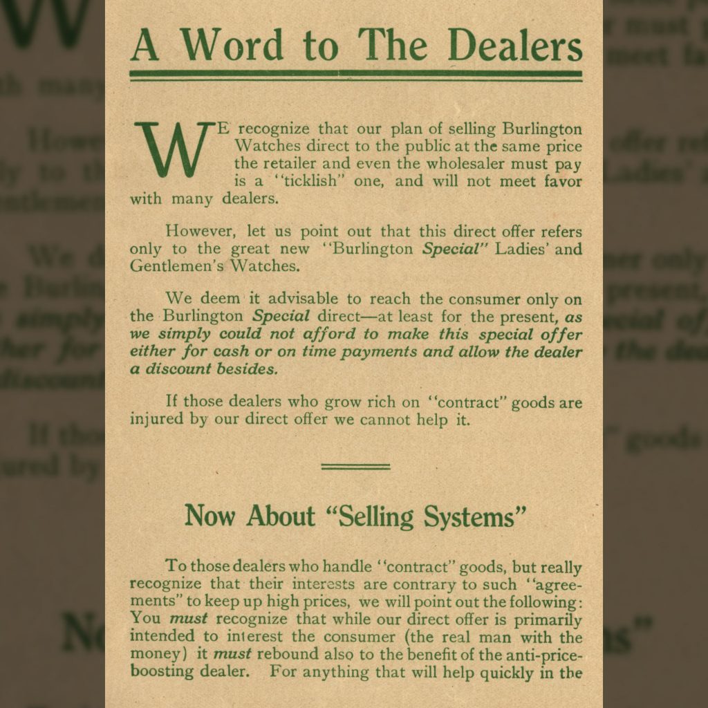“A Word to The Dealers.” Pamphlet Enclosed within c.1911 Burlington Watch Company Catalog.