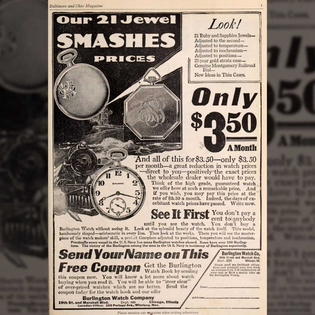 “Our 21 Jewel Smashes Prices” Baltimore and Ohio Magazine, September 1920.