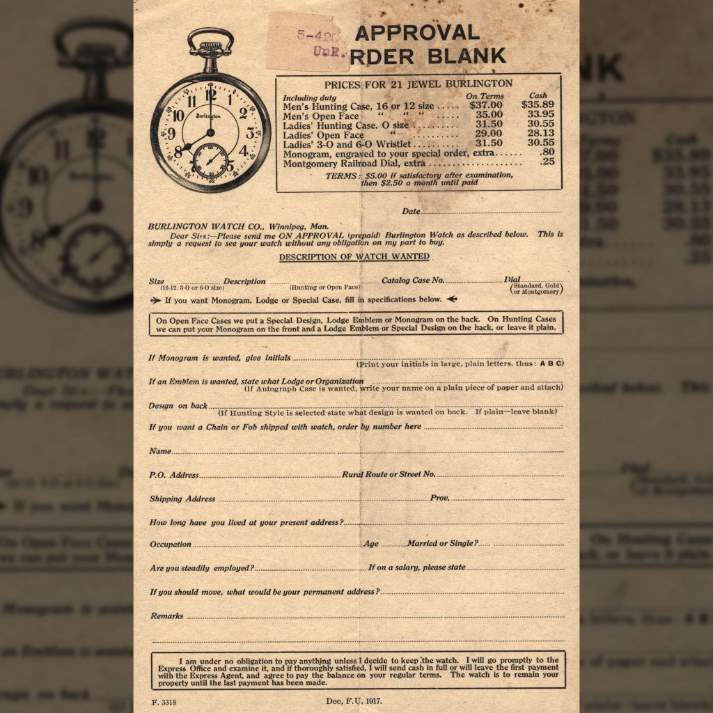 Burlington Watch Company Order Blank (Winnipeg), December 1917.