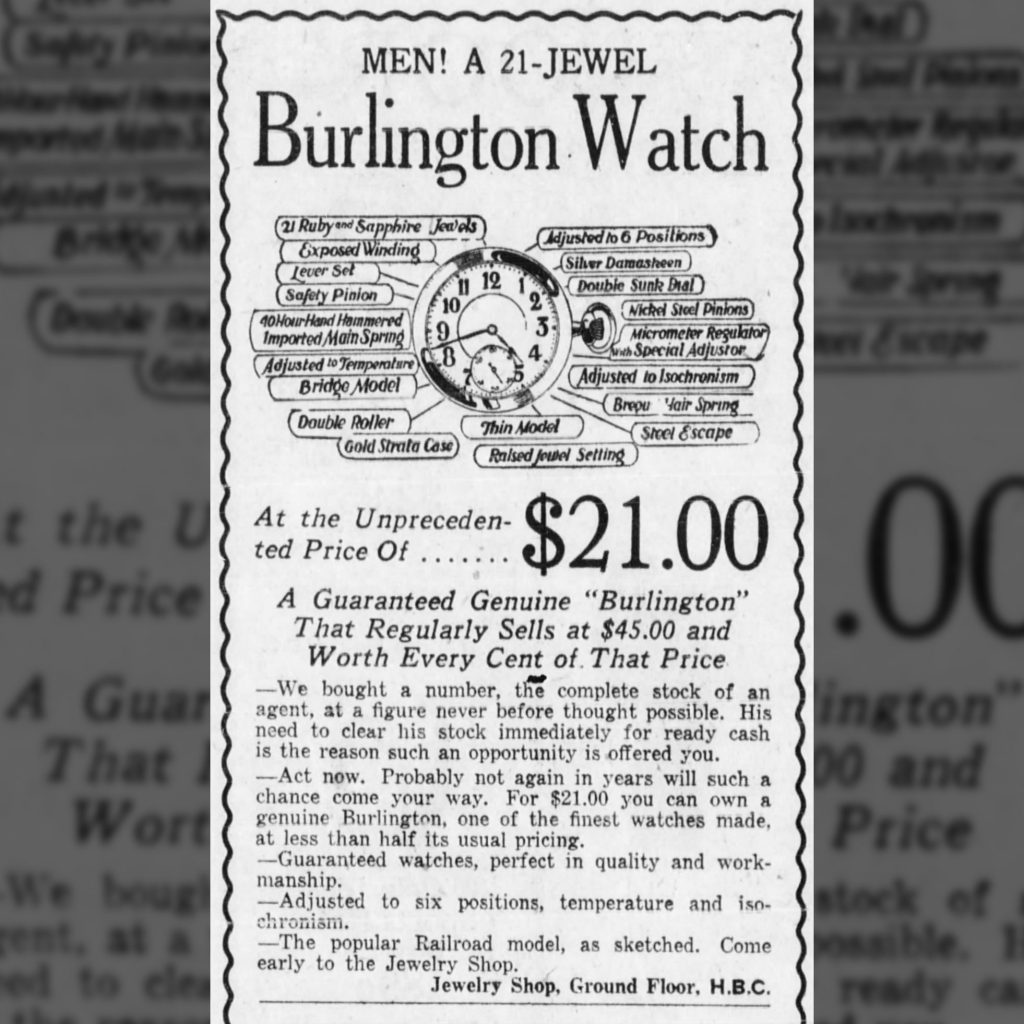 “Men! A 21-Jewel Burlington Watch” The Winnipeg Tribune, August 17, 1928.