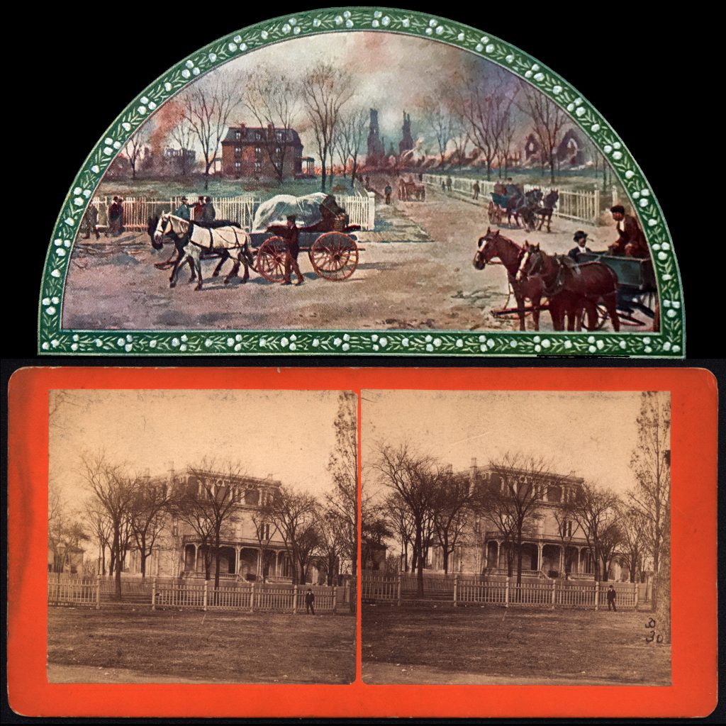 Illustration of the Ogden Mansion After the Fire, 1871 (top). Stereoscopic View - Mahlon D. Ogden Mansion, After the Great Chicago Fire, Published by W.D. Fay & Co., 1871 (bottom).