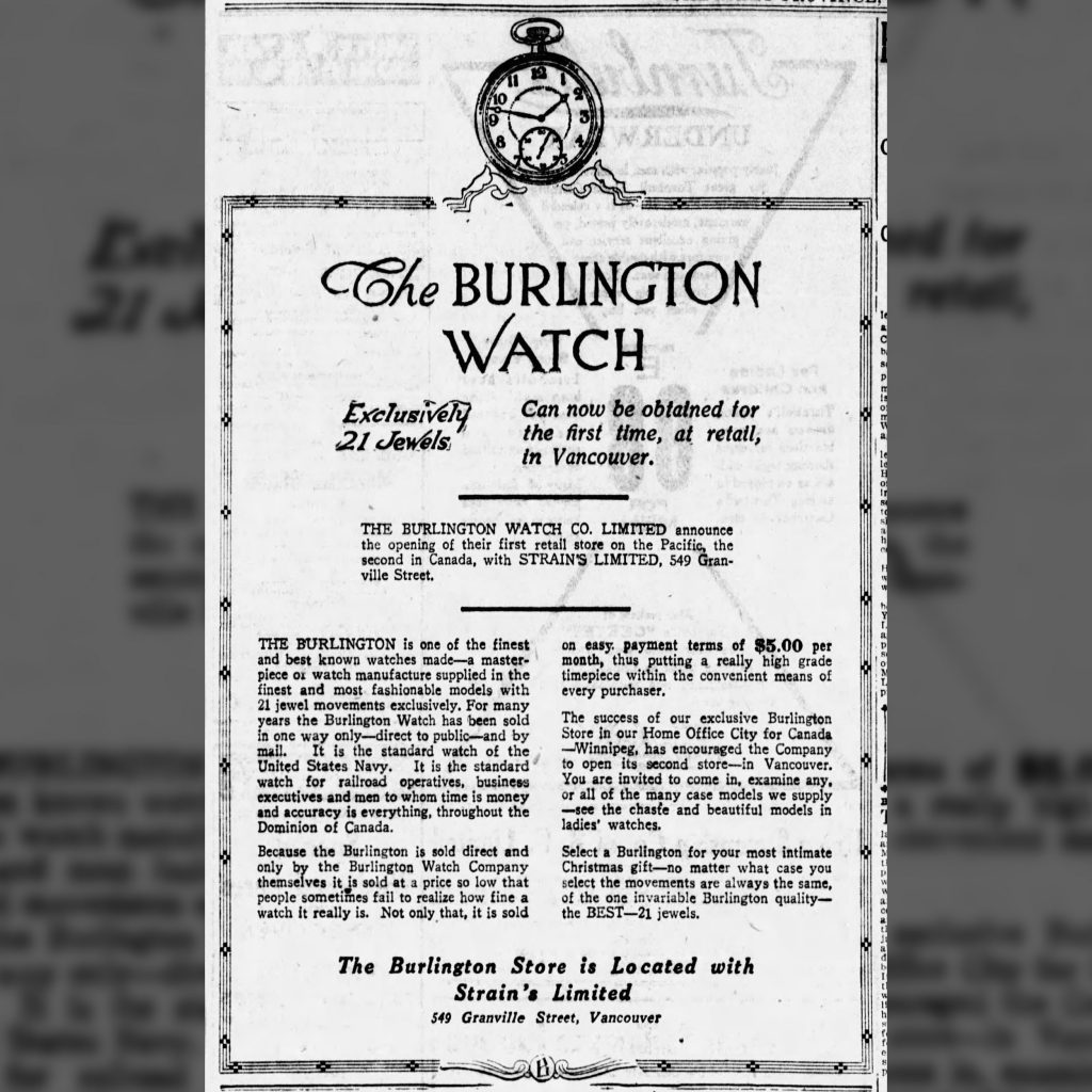 Burlington Watch Co. Newspaper Advertisement, December 6, 1922, The Province [Vancouver, British Columbia, Canada]