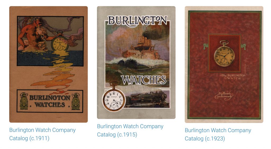 Burlington Watch Company Catalog Covers: c.1911, c.1915, c.1923