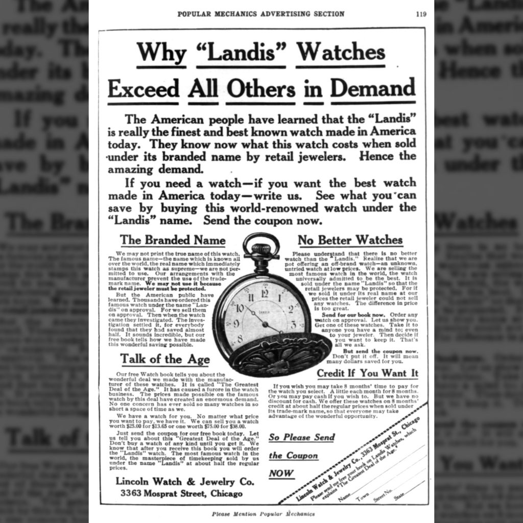 Landis Watch Company Advertisement, Popular Mechanics, December 1909.