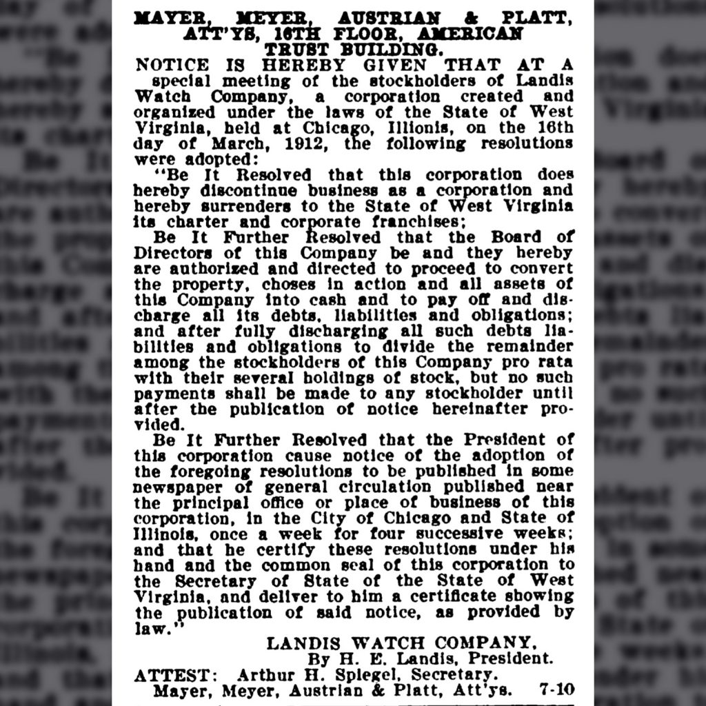 Notice of Termination for the Landis Watch Company, The National Corporation Reporter, March 28, 1912.