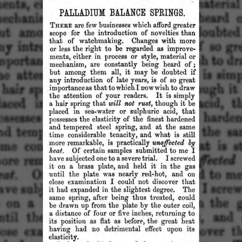 “Palladium Balance Springs” (Excerpt), The Horological Journal, July 1879.