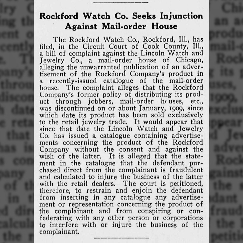 “Rockford Watch Co. Seeks Injunction Against Mail-order House.” The Keystone, February 1910.
